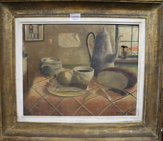 E. Grandfils, oil on canvas, table top still life, signed and dated 1944, 37 x 46cm